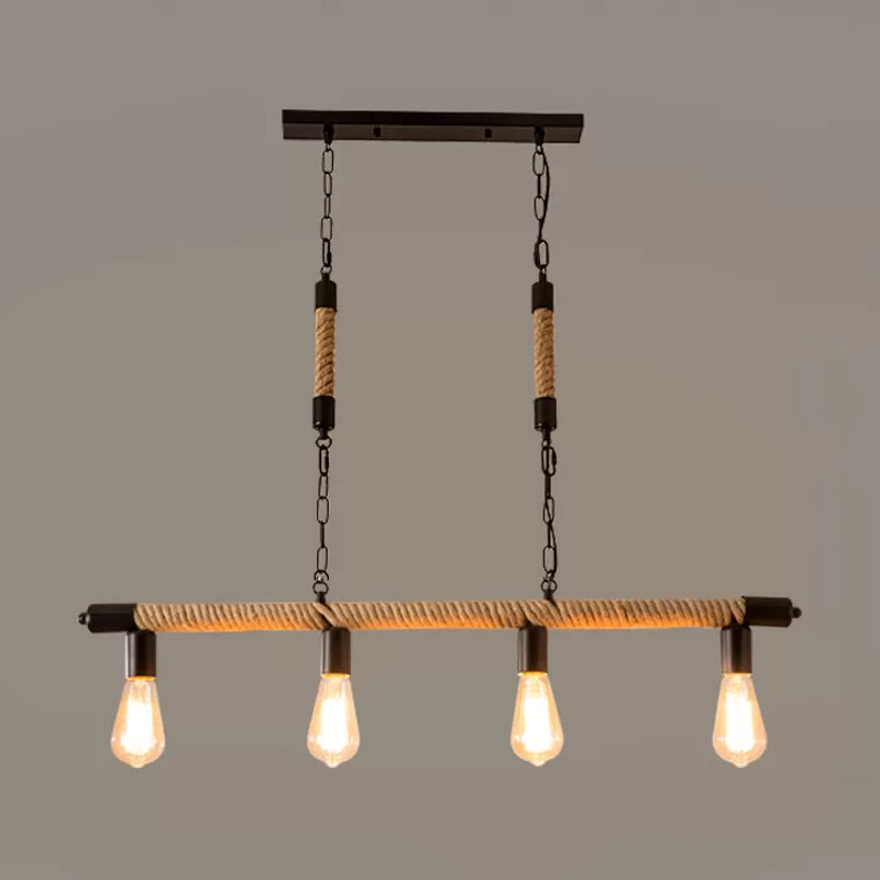 Beige Rope Island Light Fixture - Industrial Linear 4-Light Pendant With Bare Bulb Design