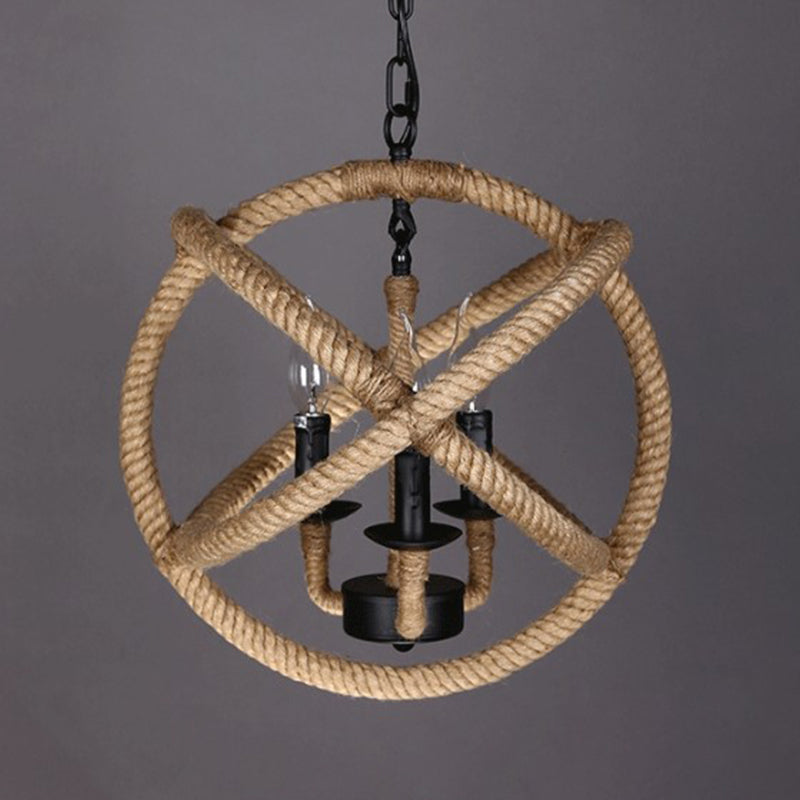 3-Headed Globe Chandelier with Hemp Rope and Beige Pendant Lighting