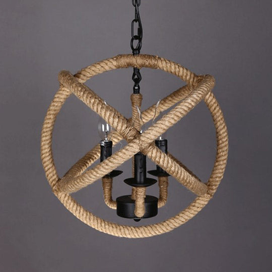 3-Headed Globe Chandelier with Hemp Rope and Beige Pendant Lighting