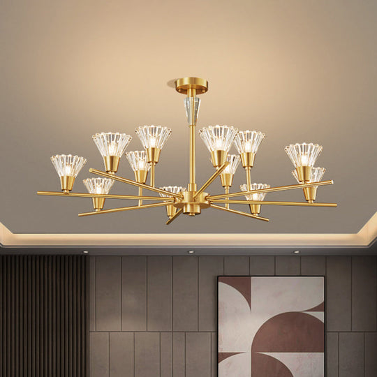Modern Clear Glass Pendant Chandelier with Brass Flower-Like Design - 6/8/12 Heads for Living Room