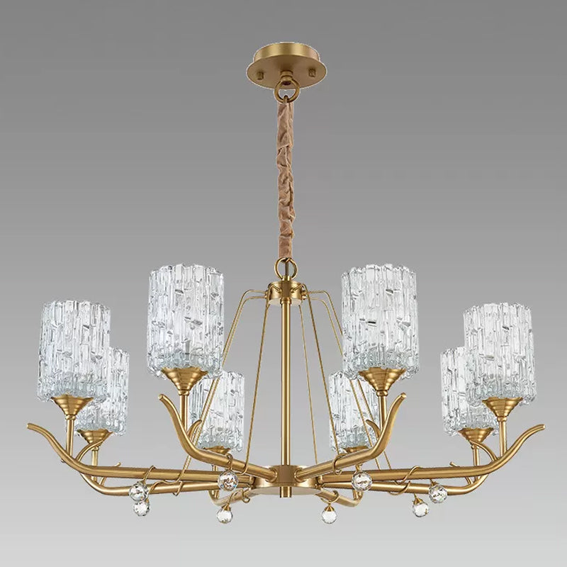 Textured Glass Chandelier - Postmodern Brass Cylinder Ceiling Light With 3/6/8 Lights Perfect For