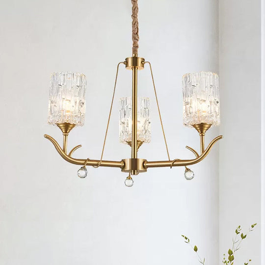 Textured Glass Chandelier - Postmodern Brass Cylinder Ceiling Light With 3/6/8 Lights Perfect For