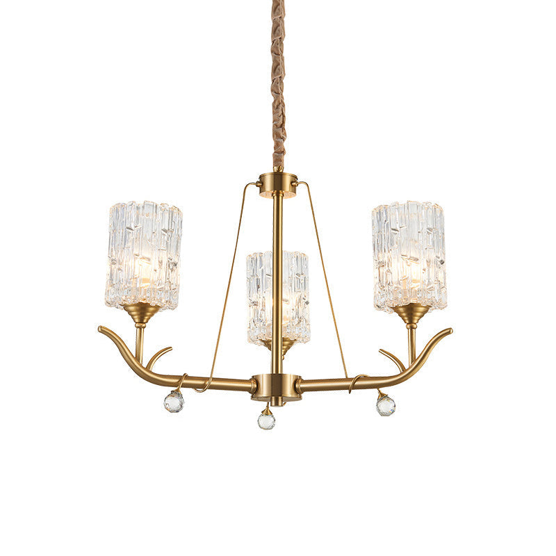 Textured Glass Chandelier - Postmodern Brass Cylinder Ceiling Light With 3/6/8 Lights Perfect For