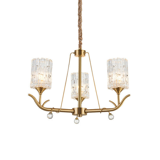 Textured Glass Chandelier - Postmodern Brass Cylinder Ceiling Light With 3/6/8 Lights Perfect For