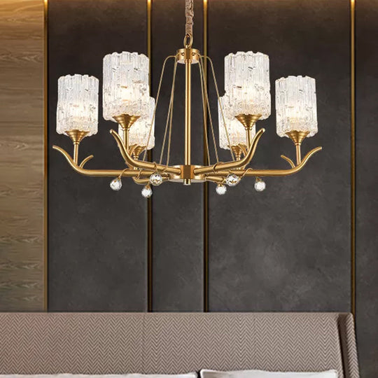 Textured Glass Chandelier - Postmodern Brass Cylinder Ceiling Light With 3/6/8 Lights Perfect For