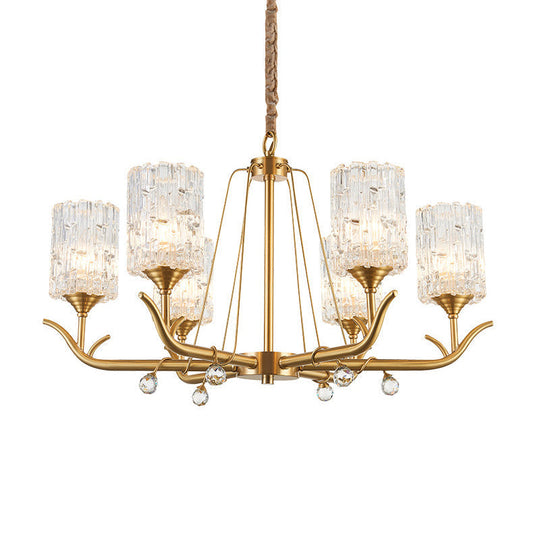 Textured Glass Chandelier - Postmodern Brass Cylinder Ceiling Light With 3/6/8 Lights Perfect For