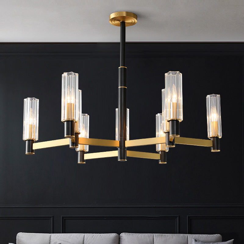 Postmodern Yellow-Black Chandelier Light with Prismatic Glass Tubular Design - 6/8/9 Bulbs - Hanging Ceiling Décor