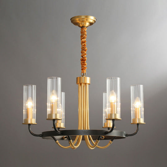 Postmodern Black/Gold Tube Up Chandelier - 6/8 Lights, Clear Ribbed Glass, Curved Arm