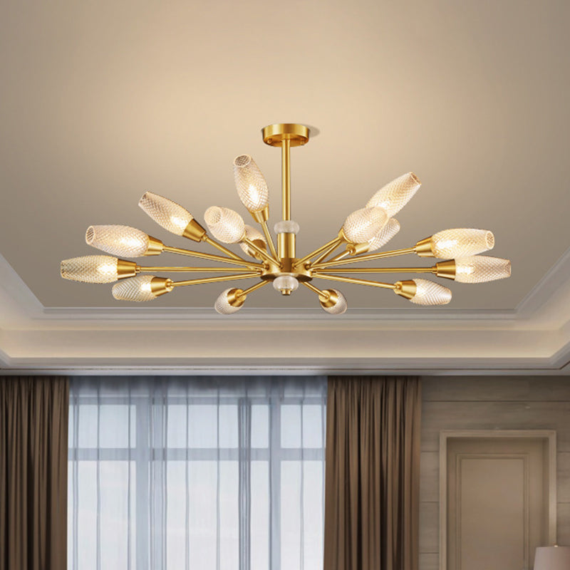 Modern Brass Tulip Hanging Lamp - Lattice Glass 9/12/15-Light Ceiling Chandelier for Living Room