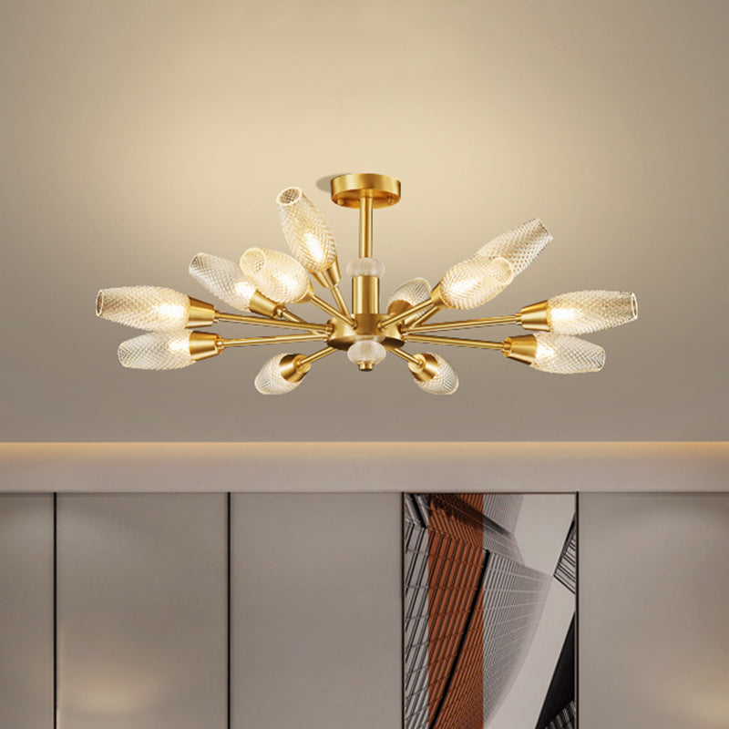 Modern Brass Tulip Hanging Lamp - Lattice Glass 9/12/15-Light Ceiling Chandelier for Living Room