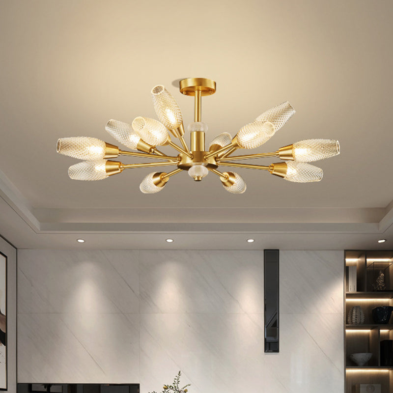 Modern Brass Tulip Hanging Lamp - Lattice Glass 9/12/15-Light Ceiling Chandelier for Living Room