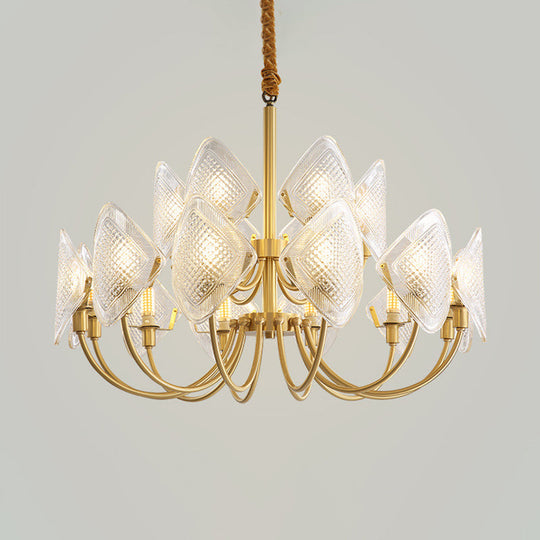 Modern Rhombus Living Room Chandelier - Elegant 12/15/18-Bulb Glass Suspension Pendant Light in Brass