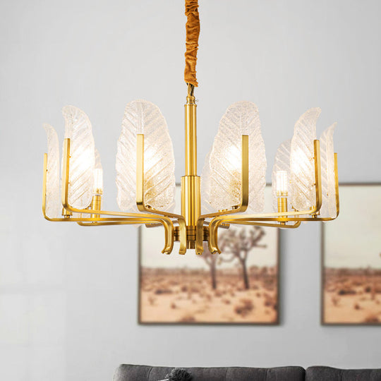Postmodern Leaf Chandelier Lamp With Brass Textured Glass - 6/8/10 Head Pendant Light Fixture