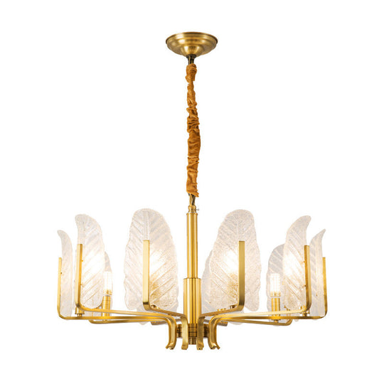 Postmodern Leaf Chandelier Lamp With Brass Textured Glass - 6/8/10 Head Pendant Light Fixture