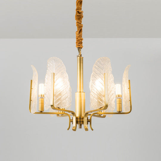 Postmodern Leaf Chandelier Lamp With Brass Textured Glass - 6/8/10 Head Pendant Light Fixture 6 /