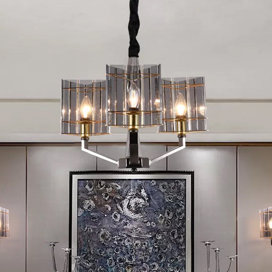 Postmodern Smoke Grey Glass Silver Chandelier - Elegant Hanging Light Fixture with Triangle Prism design. Available in 3, 6, or 8 Heads.