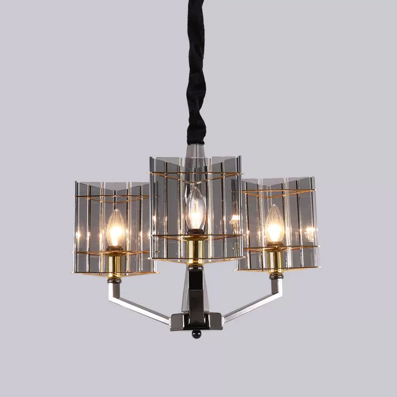 Postmodern Smoke Grey Glass Silver Chandelier - Elegant Hanging Light Fixture with Triangle Prism design. Available in 3, 6, or 8 Heads.