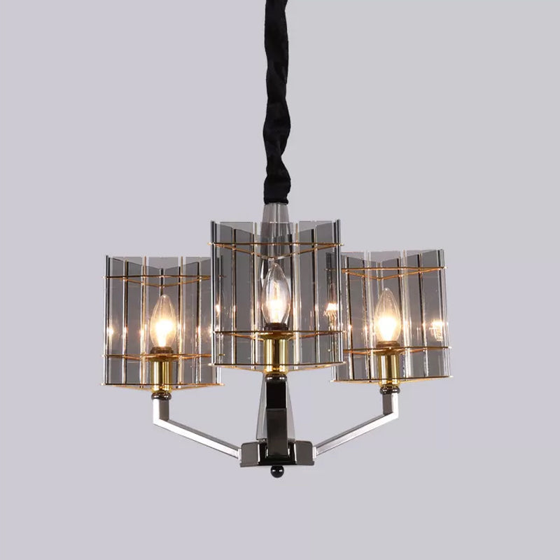 Postmodern Smoke Grey Glass Silver Chandelier With Triangle Prism Design - 3/6/8 Heads Hanging Light