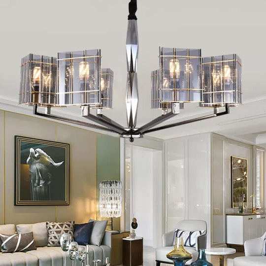 Postmodern Smoke Grey Glass Silver Chandelier - Elegant Hanging Light Fixture with Triangle Prism design. Available in 3, 6, or 8 Heads.