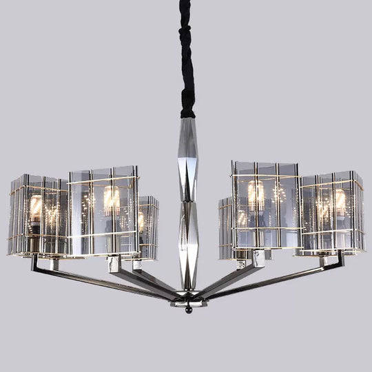 Postmodern Smoke Grey Glass Silver Chandelier - Elegant Hanging Light Fixture with Triangle Prism design. Available in 3, 6, or 8 Heads.