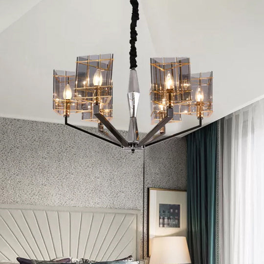 Postmodern Smoke Grey Glass Silver Chandelier - Elegant Hanging Light Fixture with Triangle Prism design. Available in 3, 6, or 8 Heads.