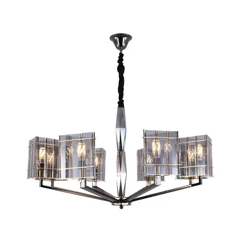 Postmodern Smoke Grey Glass Silver Chandelier - Elegant Hanging Light Fixture with Triangle Prism design. Available in 3, 6, or 8 Heads.