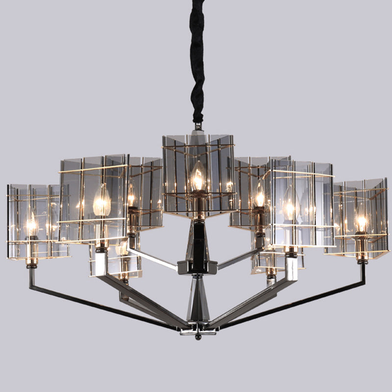 Postmodern Smoke Grey Glass Silver Chandelier - Elegant Hanging Light Fixture with Triangle Prism design. Available in 3, 6, or 8 Heads.