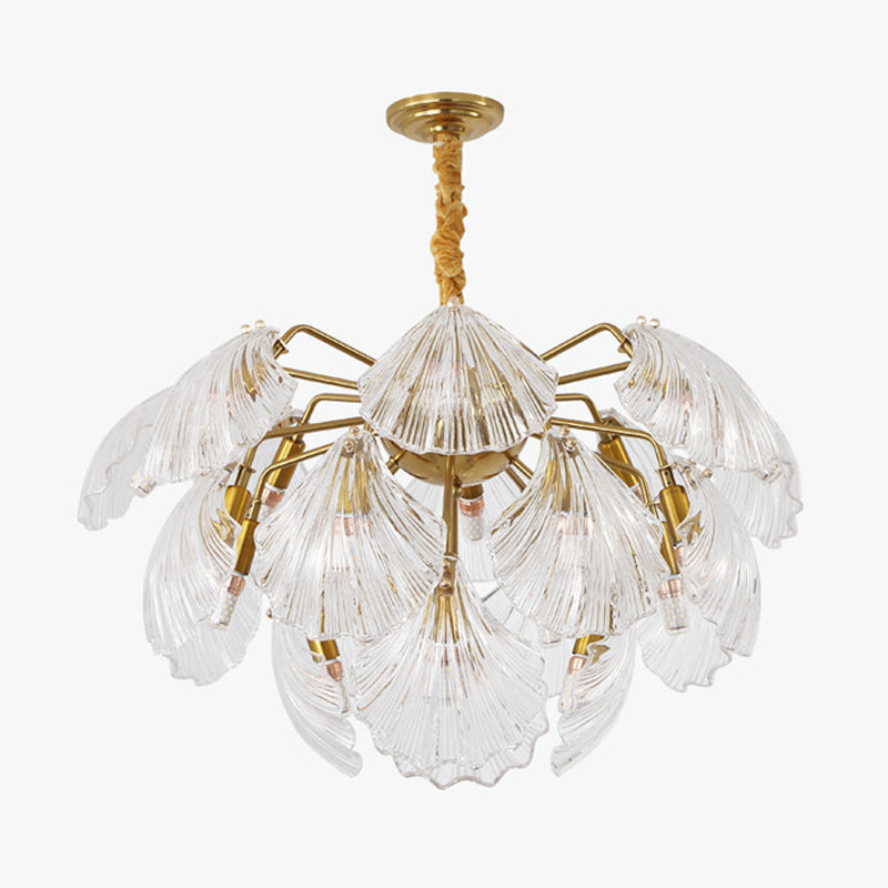 Layered Scallop Hanging Light - Nautical Gold Glass Pendant Chandelier (15/20 Bulbs)