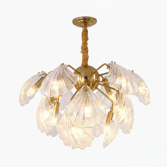 Nautical Gold Glass Pendant Chandelier - 15/20 Bulbs Layered Scallop Hanging Light
