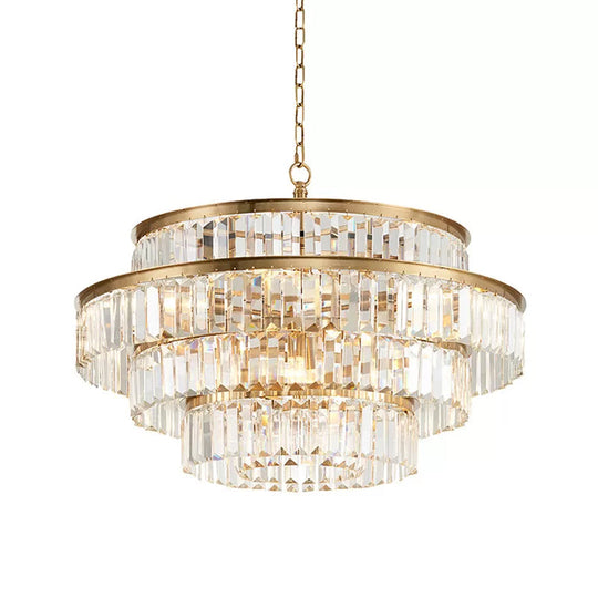 Prismatic Crystal Tiered Chandelier - 15-Bulb Modern Style Pendant Light In Gold