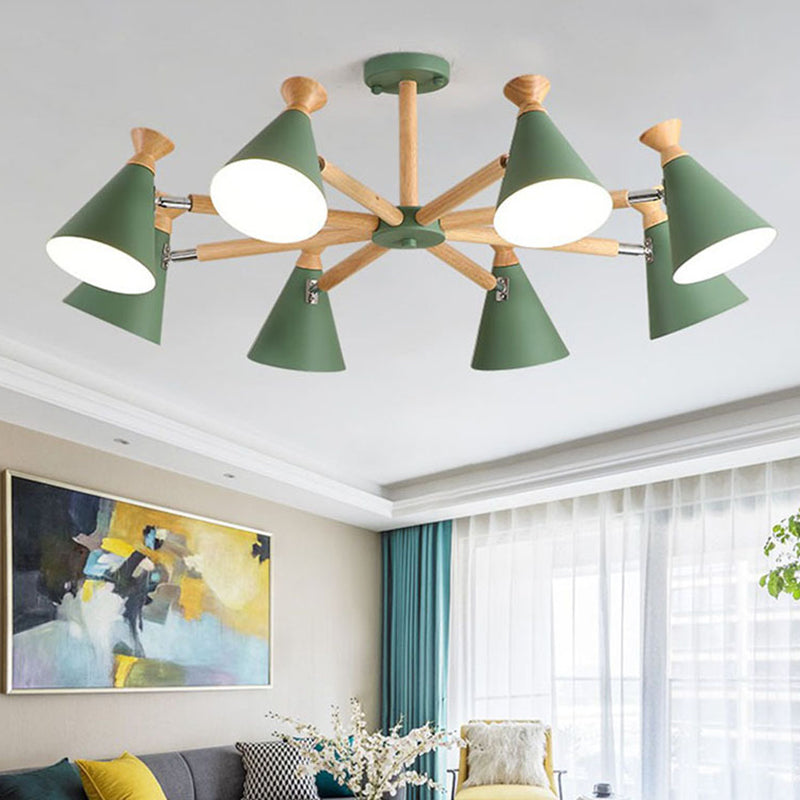 Modern Metal Cone Chandelier with 8 Bulbs - Stylish Pendant Light Fixture for Living Room, Wood Cork Accents