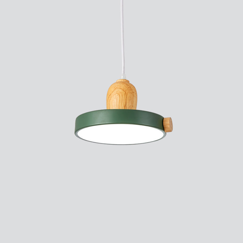 Modern Metal Circular Suspension Lamp With Wood Top - 1 Light Drop Pendant For Living Room Green