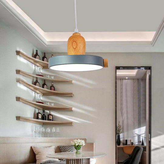 Modern Metal Circular Suspension Lamp With Wood Top - 1 Light Drop Pendant For Living Room Grey