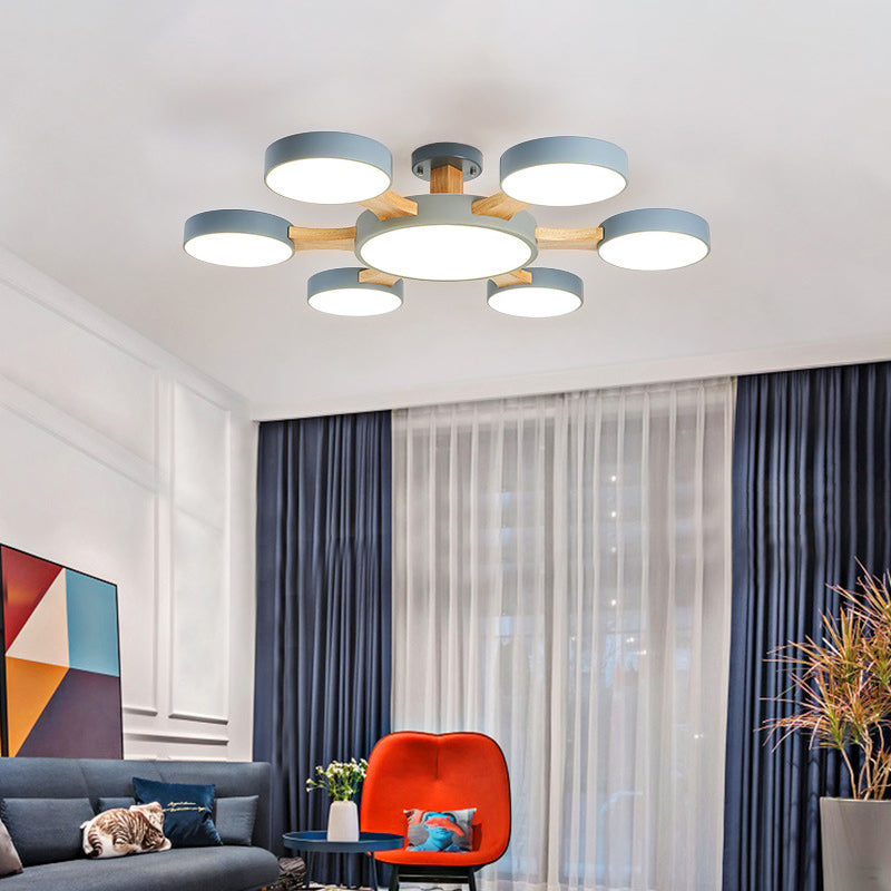 Contemporary Wood Radial Ceiling Light - 7 Bulbs Semi Flush Mount With Acrylic Shade / Grey