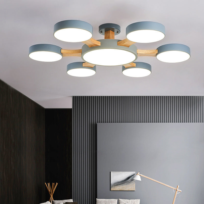 Contemporary Wood Radial Ceiling Light - 7 Bulbs Semi Flush Mount With Acrylic Shade