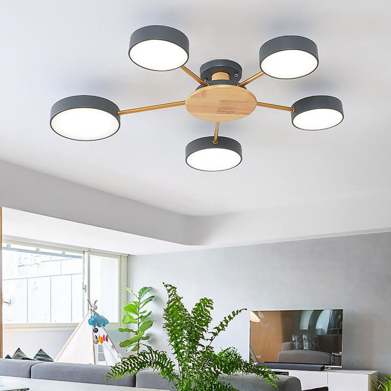 Modern Wood Round Semi Flush Ceiling Light With 5 Acrylic Heads - Stylish Lighting For Living Room /