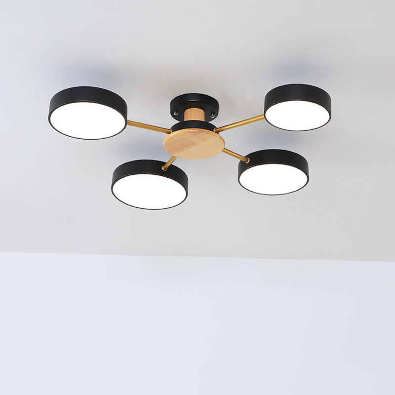 Modern Wood Round Semi Flush Ceiling Light With 5 Acrylic Heads - Stylish Lighting For Living Room /
