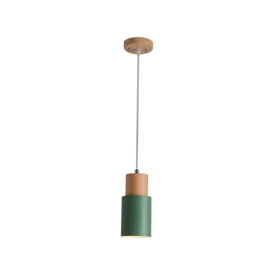 Tubular Ceiling Pendant Minimalist Metal 1-Light Suspension Lighting Fixture with Wood Top