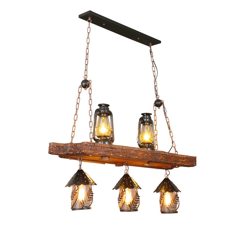 Metallic Chandelier Wood Lantern with Leaf Pattern - Elegant Restaurant Suspension Lamp