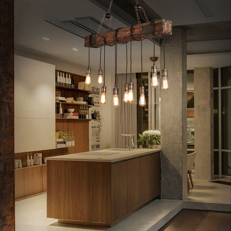 10-Head Metal Pendant Lamp With Exposed Bulbs And Wood Beam In Brown Finish