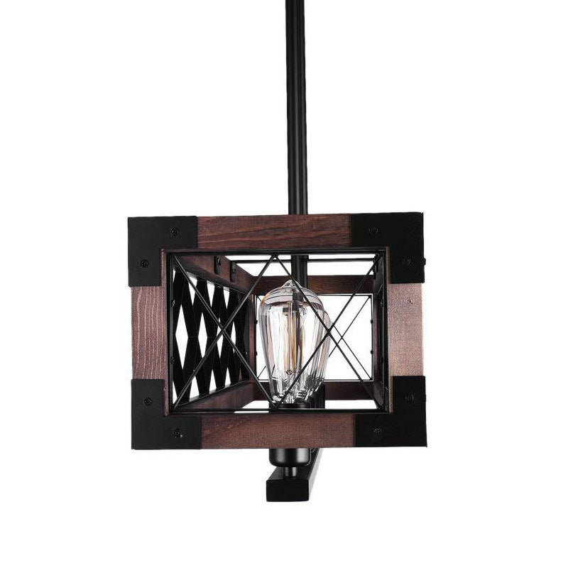 Vintage Metal Island Lamp: Rectangular 5-Bulb Pendant Light In Black With Wood Frame