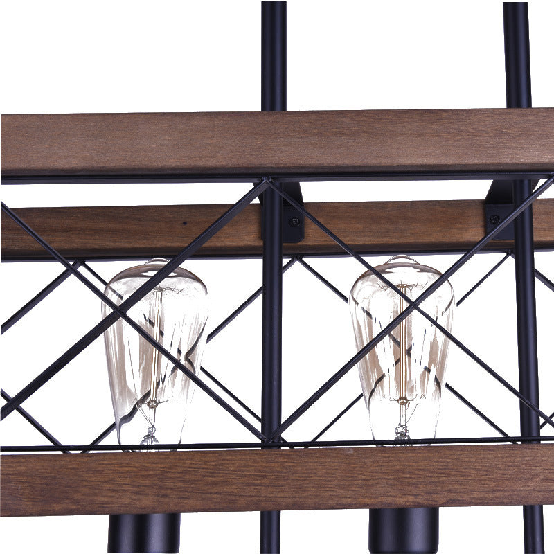 Vintage Metal Island Lamp: Rectangular 5-Bulb Pendant Light In Black With Wood Frame