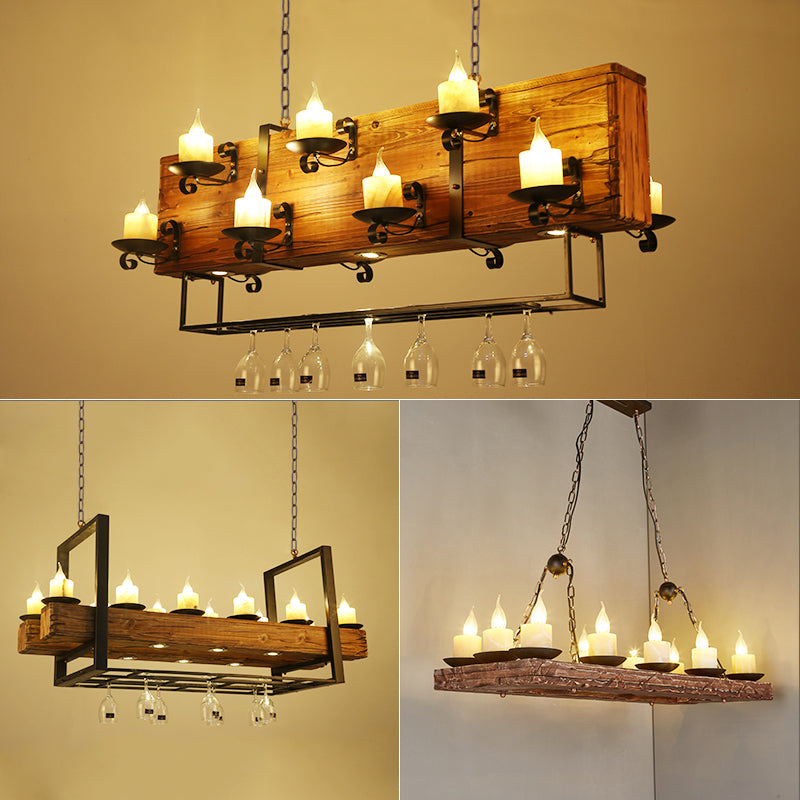 Brown Wood Candelabra Pendant Light For Dining Room - Island Hanging Lamp Kit / F