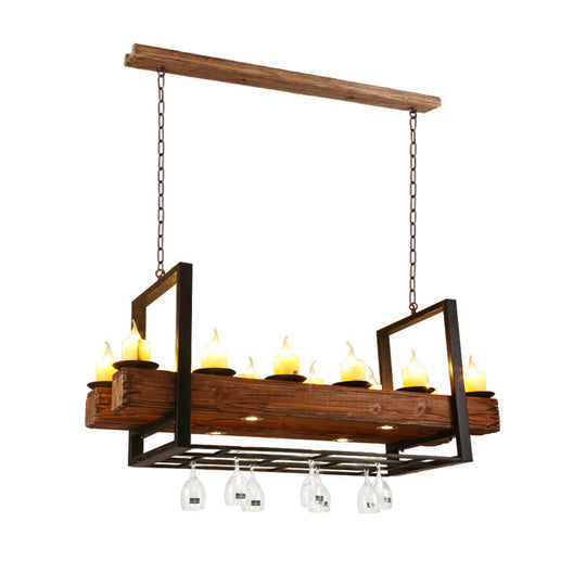 Brown Wood Candelabra Pendant Light For Dining Room - Island Hanging Lamp Kit / E