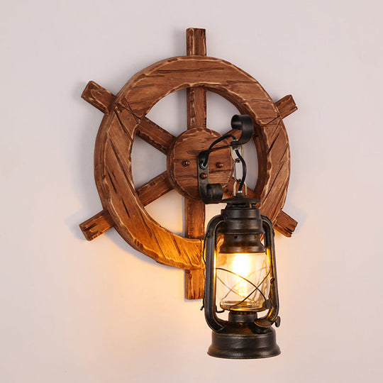 Industrial Brown Kerosene Wall Mount Lamp With Clear Glass & Wood Backplate - 1 Bulb Light Fixture /