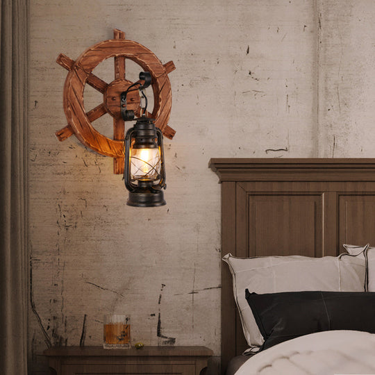 Industrial Brown Kerosene Wall Mount Lamp With Clear Glass & Wood Backplate - 1 Bulb Light Fixture