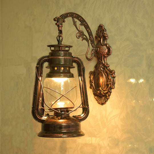 Nautical Clear Glass Kerosene Wall Sconce With Curved Arm For Restaurants Copper / C
