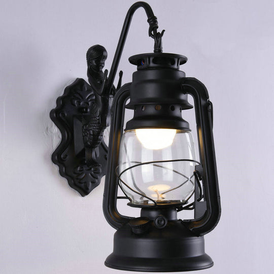 Nautical Clear Glass Kerosene Wall Sconce With Curved Arm For Restaurants Black / A