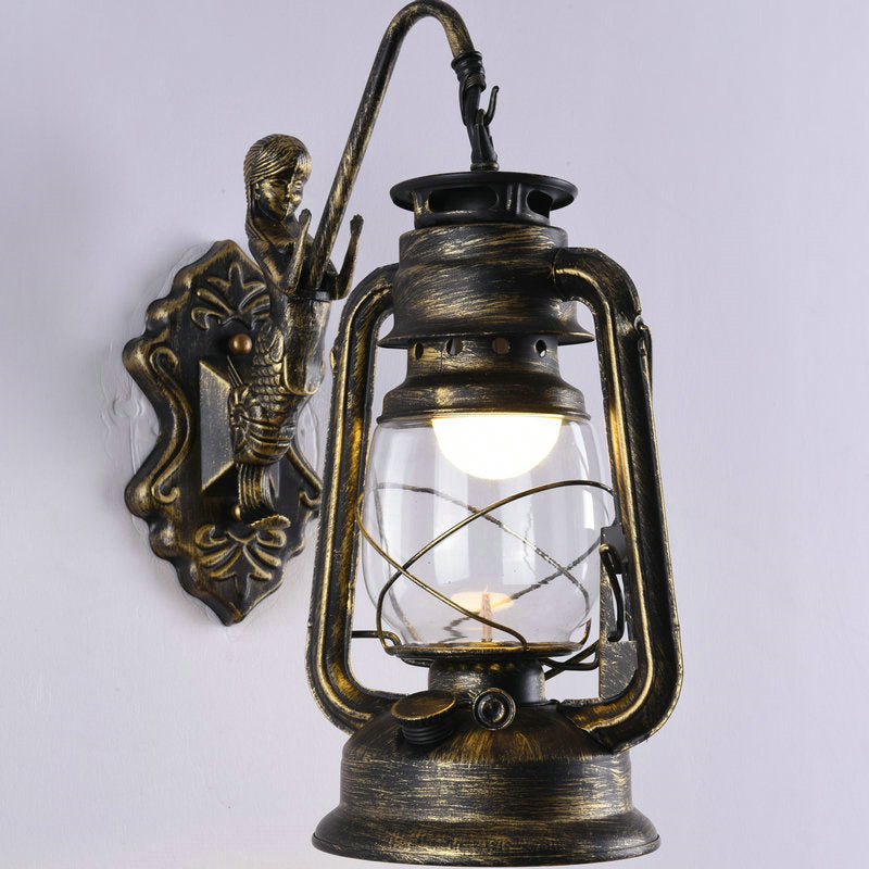 Nautical Clear Glass Kerosene Wall Sconce With Curved Arm For Restaurants
