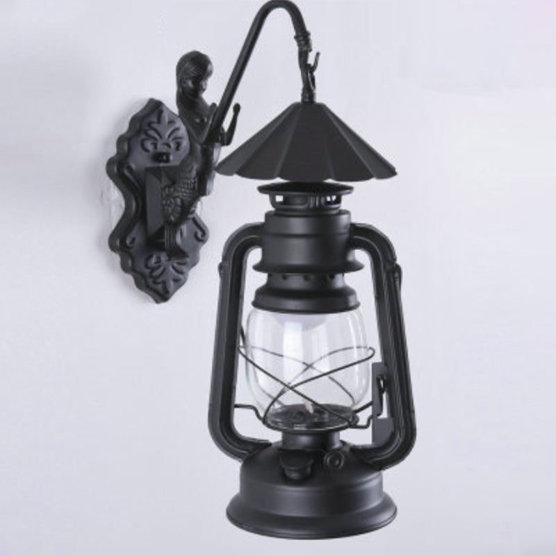 Nautical Clear Glass Kerosene Wall Sconce With Curved Arm For Restaurants Black / B